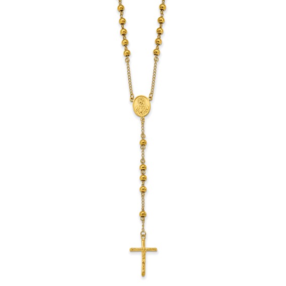 Stainless Steel Polished Yellow IP-plated Beaded Rosary 30 inch Necklace