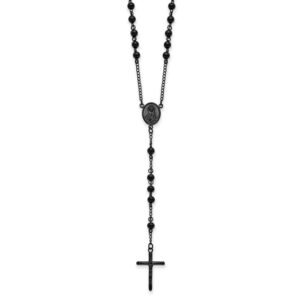 Stainless Steel Polished Beaded Black IP-plated Rosary 30 inch Necklace