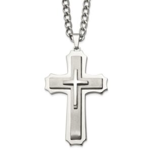 Stainless Steel Brushed and Polished Large Cross 24in Necklace