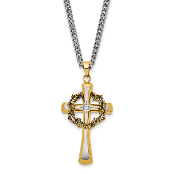 Stainless Steel Brushed and Polished Yellow IP w/CZ Cross 24in Necklace