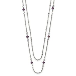 Stainless Steel Polished 2-Strand Purple Crystal Beaded w/1in ext. Necklace