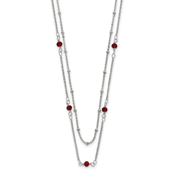 Stainless Steel Polished 2-Strand Red Crystal Beaded w/1in ext. Necklace
