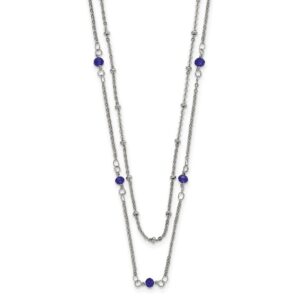 Stainless Steel Polished 2-Strand Blue Crystal Beaded w/1in ext. Necklace