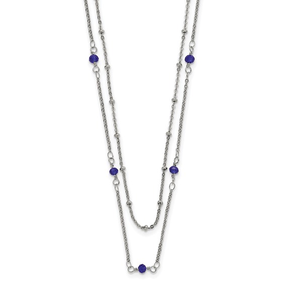 Stainless Steel Polished 2-Strand Blue Crystal Beaded w/1in ext. Necklace