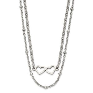 Stainless Steel Polished 2-Strand Double Heart w/1in ext. 18in Necklace