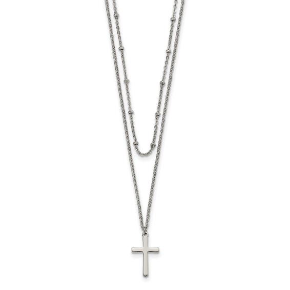 Stainless Steel Polished 2-Strand Cross with 1in ext. 18.25in Necklace