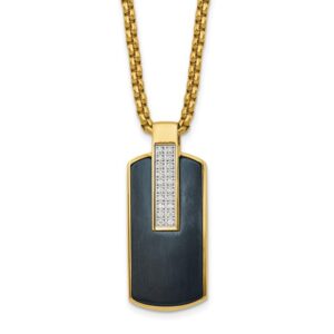Stainless Steel Polished Black/Yellow IP-plated w/CZ Dog Tag 24in Necklace