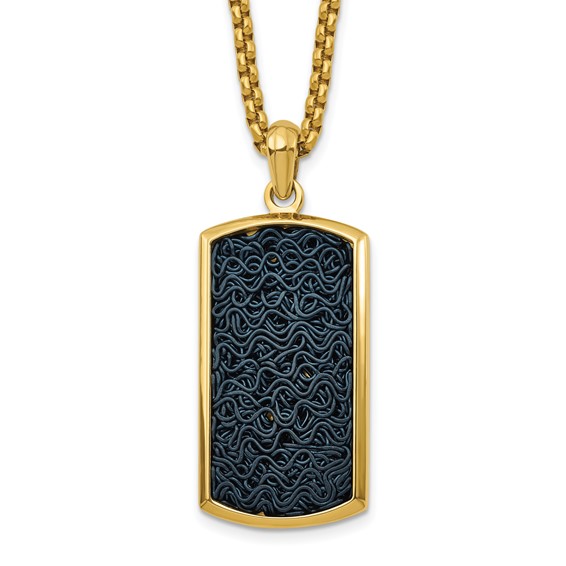 Stainless Steel Polished Yellow IP Black Wire Inlay Dog Tag 24in Necklace