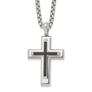 Stainless Steel Polished w/Black CZ Cross 22in Necklace