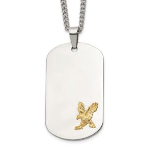 Stainless Steel Polished w/14K Accent Eagle Dog Tag 24in Necklace