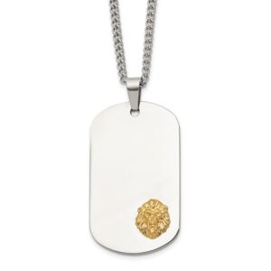 Stainless Steel Polished w/14K Accent Lion Head Dog Tag 24in Necklace