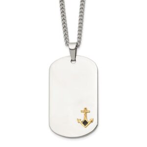 Stainless Steel Polished 14K Accent D/C Anchor Blk Enamel Dog Tag 24in Neck