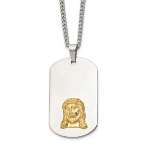 Stainless Steel Polished w/10K Accent Jesus Face Dog Tag 24in Necklace