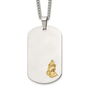 Stainless Steel Polished w/14K Accent Praying Hands Dog Tag 24in Necklace