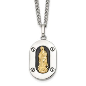 Stainless Steel Polished 10K Accent Our Lady of Guadalupe Blk Enamel Neckla
