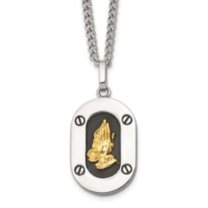 Stainless Steel Polished 14K Accent Praying Hands Black Enamel 24in Necklac