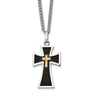 Stainless Steel Polished w/14K Accent D/C Black Enamel Cross 24in Necklace