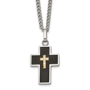Stainless Steel Polished 14K Accent 2pt. Dia Blk Enamel Cross 24in Necklace