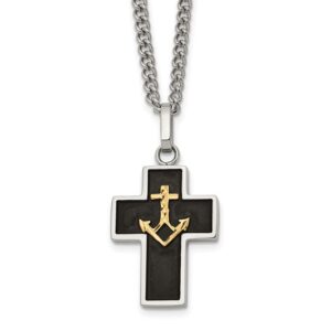 Stainless Steel Polished 14K Accent D/C Blk Enamel Cross/Anchor 24in Neckla