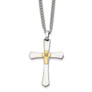 Stainless Steel Polished w/14K Accent and 3pt. Diamond Cross 24in Necklace