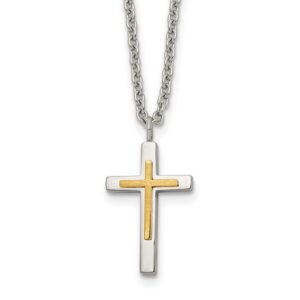 Stainless Steel Polished with 14K Accent Cross 18in Necklace