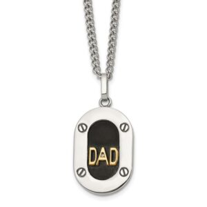 Stainless Steel Polished 14K Accent 1pt Dia DAD Black Enamel 24in Necklace