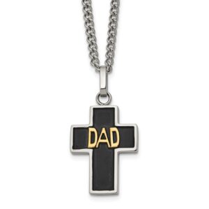 Stainless Steel Polished w/14K Accent DAD Black Enamel Cross 24in Necklace