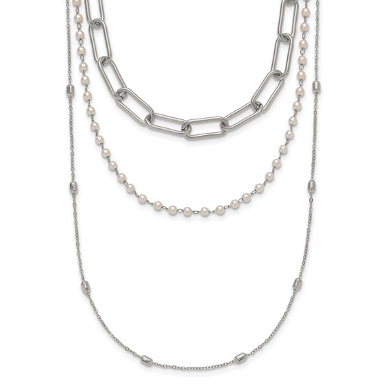 Stainless Steel Polished FWC Pearl Layered 13.5 +2in Paperclip Necklace