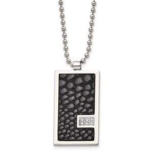Stainless Steel Polished Stingray Imit. Leather 1/10ct. Dia 24in Necklace