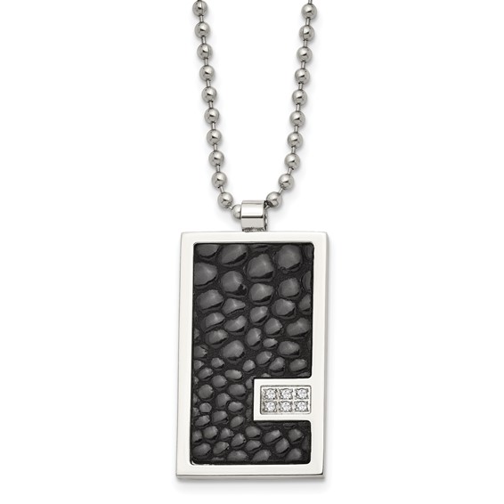 Stainless Steel Polished Stingray Imit. Leather 1/10ct. Dia 24in Necklace