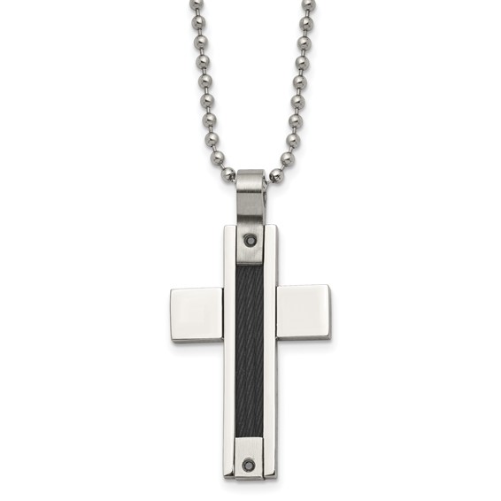 Stainless Steel Polished Black IP Cable 1/20ct Black Dia Cross Necklace