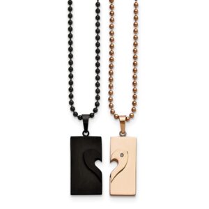 Stainless Steel Polished Black & Rose IP-plated Heart 22in Necklace Set