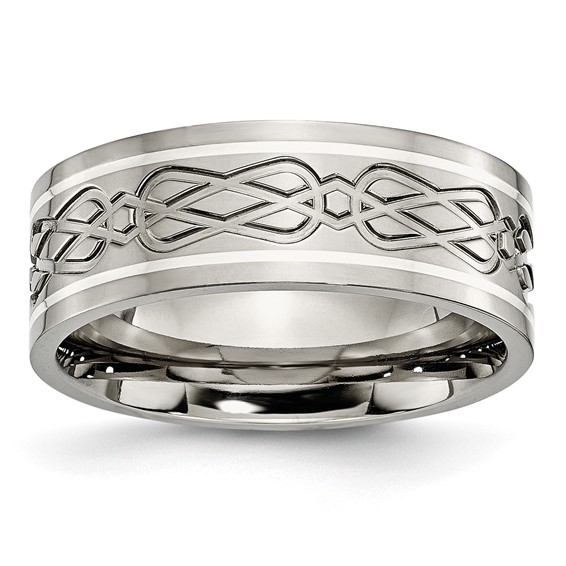 Titanium Polished w/Sterling Silver Inlay Celtic Knot 8mm Flat Band
